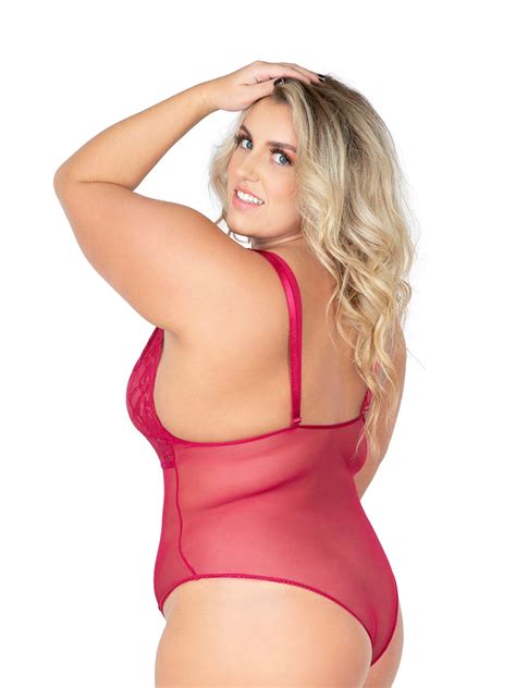 FUNKE Lace See Through Bodysuit Plus Size Lace Lingerie Cherry Red