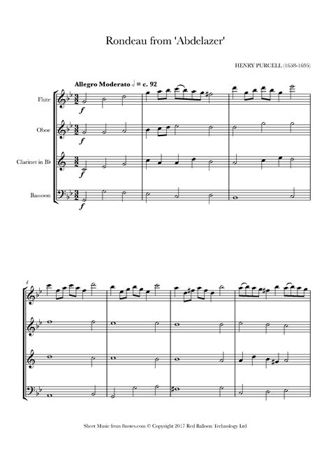 Purcell Rondeau From Abdelazer Sheet Music For Wind Quartet