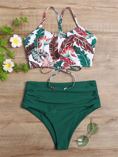 Tropical Ruched High Waisted Bikini Swimsuit Shein Usa Plus Size