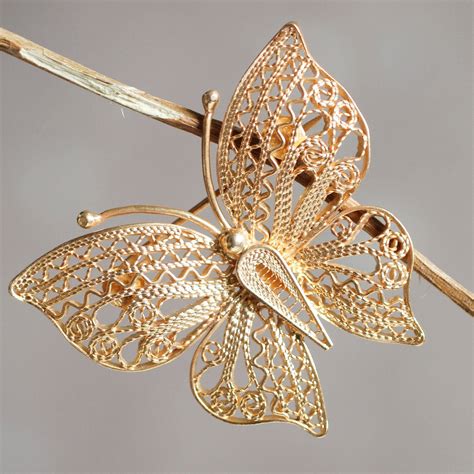 Handmade Gold Plated Filigree Butterfly Brooch Pin Catacos Butterfly
