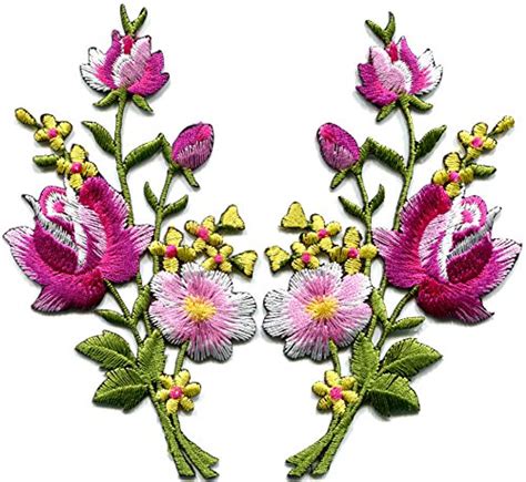 Pink Roses Pair Flowers Floral Bouquet Boho Embroidered Appliques Iron