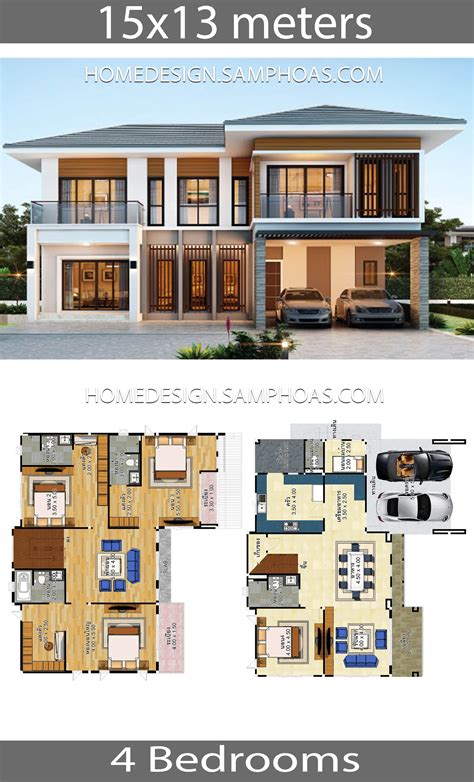 House plans idea 8×6 with 4 bedrooms. House Plans Idea 15x13 with 4 Bedrooms - House Plans 3D