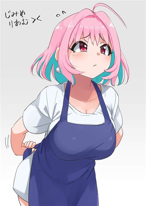 Safebooru 1girl Ahoge Apron Arms Behind Back Bangs Blue Apron Blue