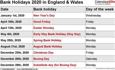 2020 Calendar With Bank Holidays Printable Free Printable Calendar