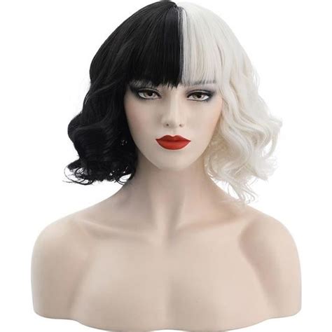 Cruella Perruques Cosplay Noir Blanc Cheveux Bouclés Femmes Halloween Perruque Courte Postiches