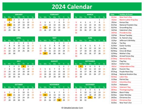 2024 Calendar With Holidays Printable Free Word Art Denny Felicle