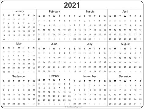 2021 Yearly Calendar Printable Free Letter Templates
