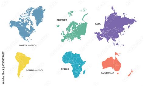 World Map Divided Into Six Continents Each Continent In Different Color