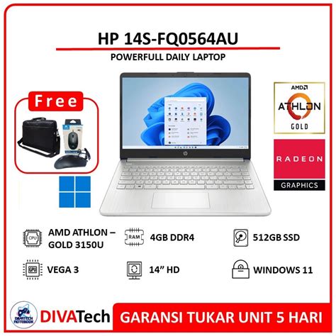 Jual Laptop HP 14S FQ0564AU Athlon Gold 3150U 4GB 512GB SSD Vega 3 W11