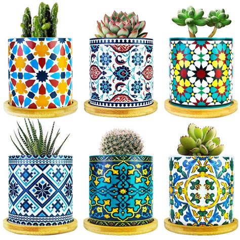 Ascrafter 6 Pack Mandala Succulent Plant Pot With Bamboo Trays Ceramic