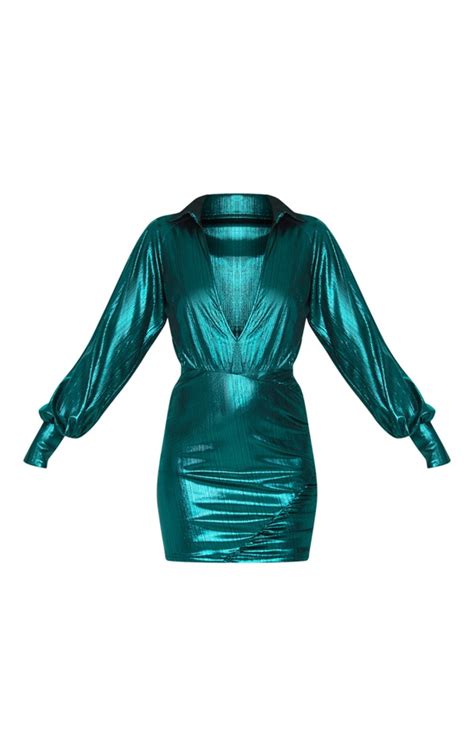 Green Metallic Deep Bodycon Dress Prettylittlething Ksa