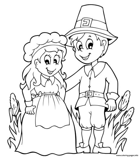 Pilgrim Couple For Thanksgiving Coloring Page Printable