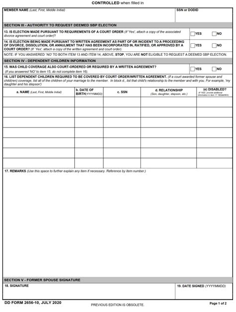 Dd Form 2656 10 Survivor Benefit Plan Sbp Reserve Component Rc