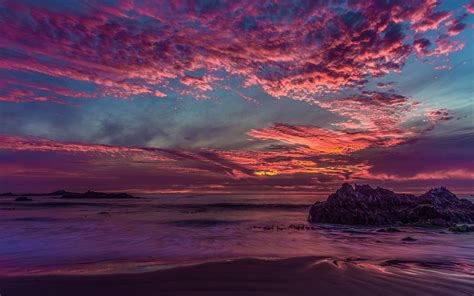 Landscape California Sunset Clouds Rock Sea Bay Wallpapers Hd