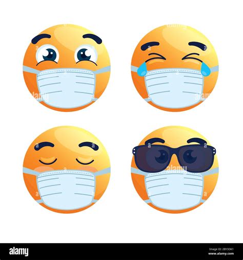 Set Of Emoji Wearing Medical Mask Yellow Faces With A White Surgical