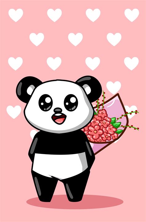 A Cute And Happy Panda Carrying A Bouquet Of Flowers Cartoon