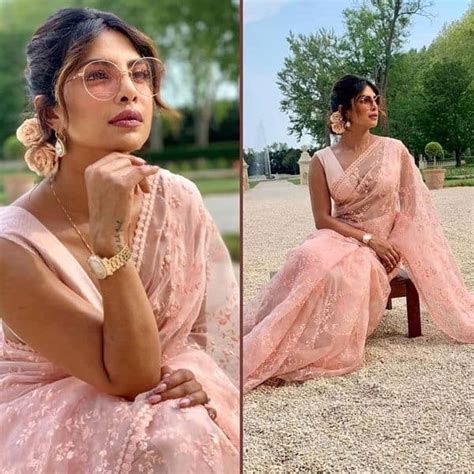 priyanka chopra looks effortlessly elegant in a pink chiffon saree