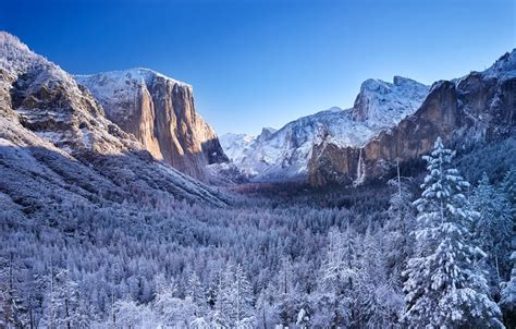 Обои зима лес горы долина Калифорния California Yosemite Valley