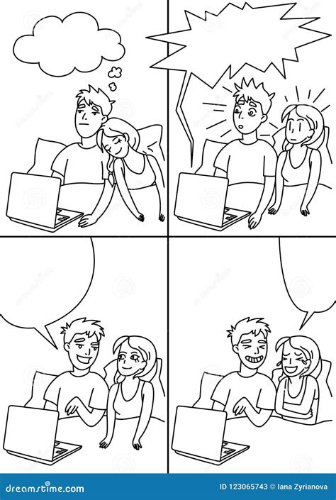 Boy And Girl Talking In Bed With Laptop Comic Strip Vector Retro Comic