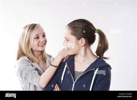 Teenagers Girls Eye Contact Smile Portrait Studio Person Young