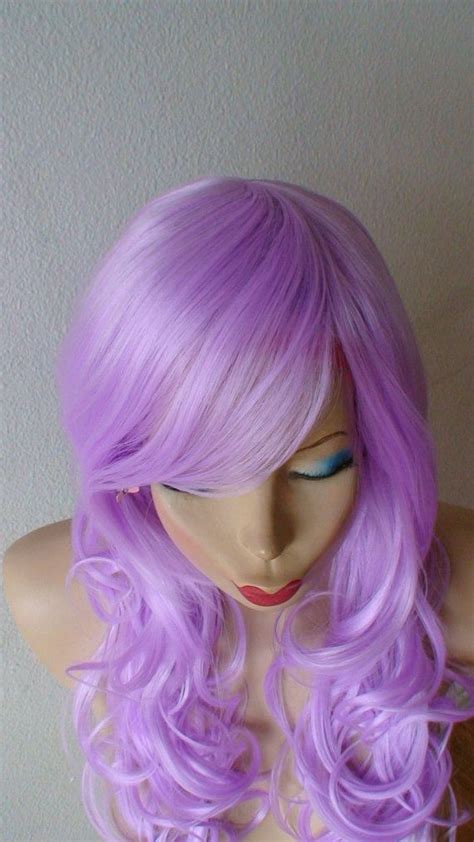 Lavender Wig Light Purple Medium Length Curly Hair Long Bangs Wig