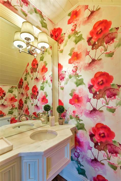 Feminine Floral Inspired Powder Room Wallpaper Accent Wall Bold