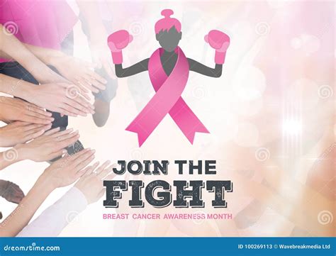 join the fight text with breast cancer awareness women putting hands together stock illustration