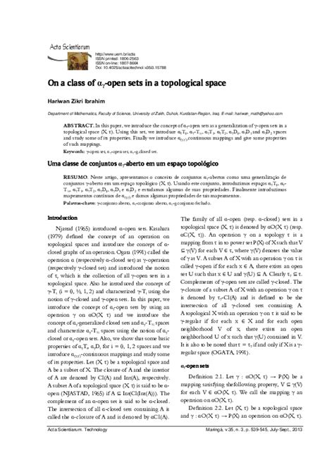 (PDF) On a Class of $\ alpha_\ gamma$-Open Sets in a Topological Space | Hariwan Z. Ibrahim ...