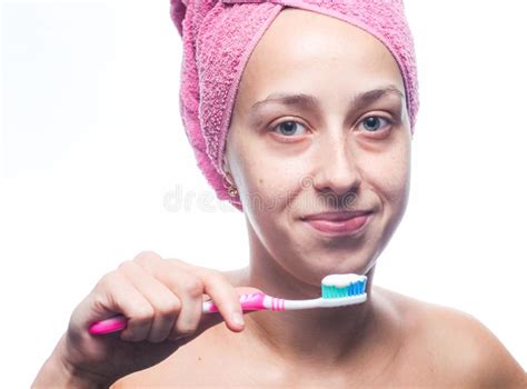 Beautiful Woman Brushing Her Teeth Stock Image Image Of Isolated Brushing 140044981
