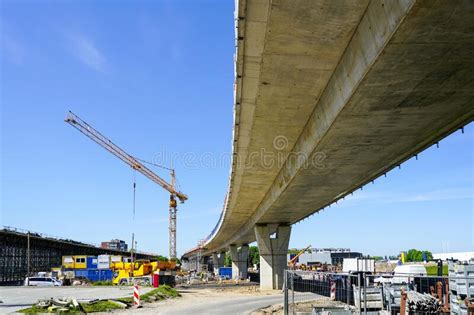 New Modern Road Overpass Concrete Bridge Construction Site With Yellow