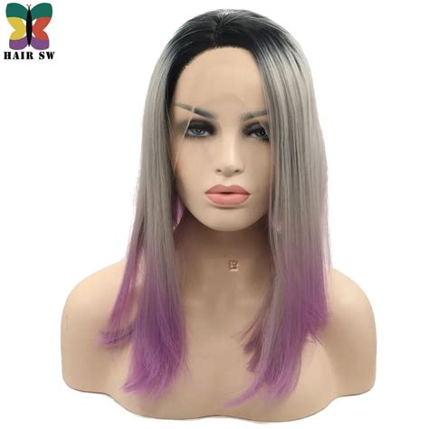 Hair Sw Medium Straight Lace Front Wigs Ombre Grey Dip Dye Pastel