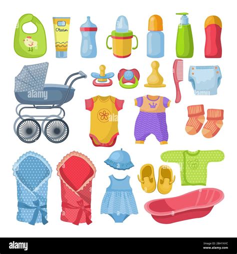 Set Of Different Tools For Newborn Baby Vector Illustrations In