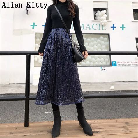 Alien Kitty Women Winter Long Skirts Elastic High Waist Appliques Loose Pleated Skirts Fashion