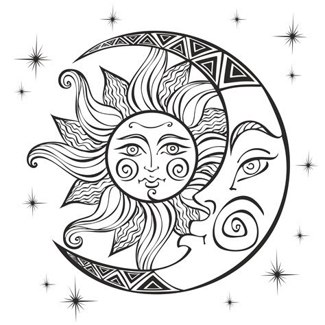 The moon and the sun. Ancient astrological symbol. Engraving. Boho
