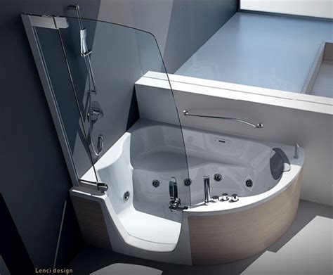 This tubber combo is almost entirely made of marble. modern shower furniture: Modern Corner Bathtub With Shower ...