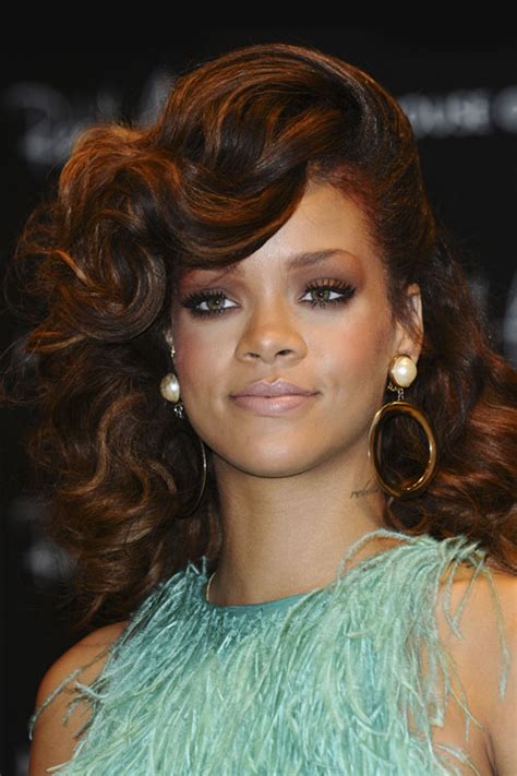 Rihanna Wavy Medium Brown All Over Highlights Faux Sidecut Side Part