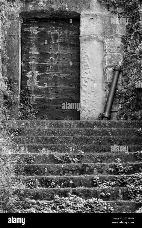 Escala De Grises De Una Antigua Escalera De Piedra A Una Puerta Del Edificio Principal