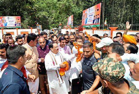 kangra bjp national president jp nadda being welcomed upon his arrival for the inauguration
