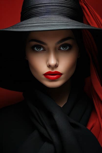 premium ai image woman with red lip and black hat on her head generative ai
