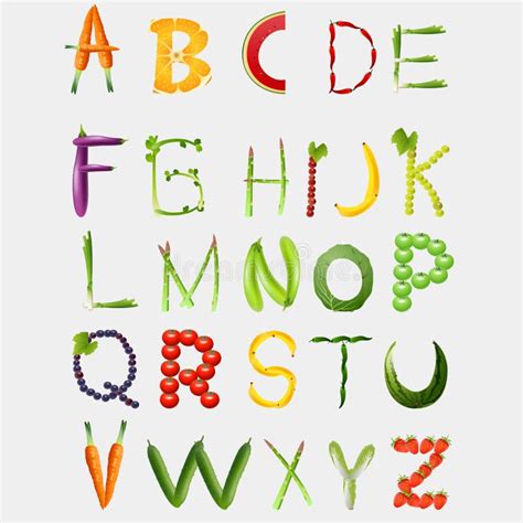 English Alphabet With Fruits And Vegetables Stock Vector Illustration B54