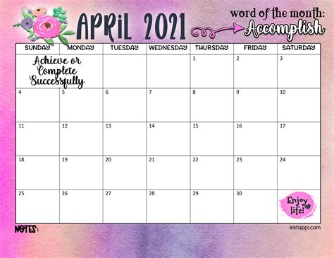In april, many fruit trees see their buds blossom. April 2021 Calendar with motivation to accomplish ...