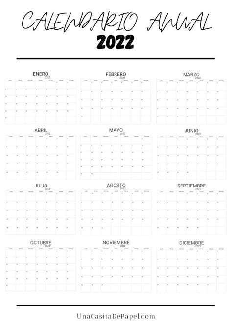 Calendario Anual 2022 Para Imprimir ️ Una Casita De Papel Calendario