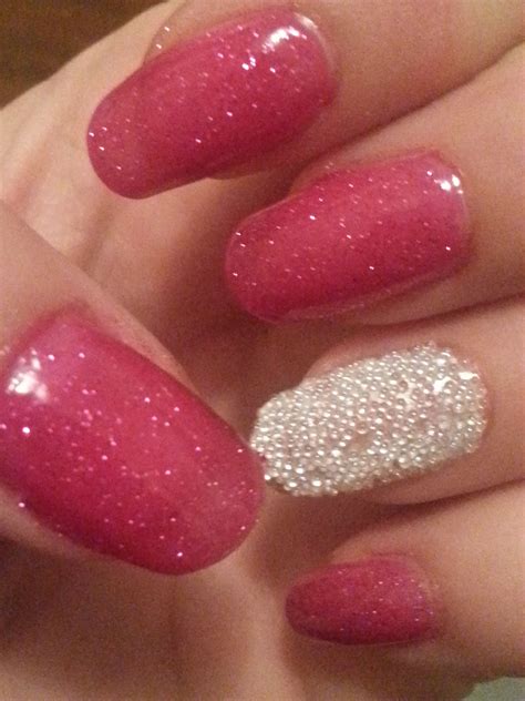 Lh18 Bead Nail Art Fun Pink Sparkle Nails With Beaded White Accent Nail