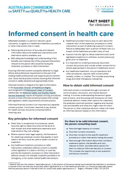 Informed Consent Fact Sheet For Clinicians Australian Commission On