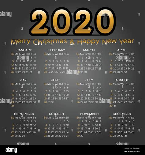 Happy New Year 2020 Calendar Template Stock Vector Stock Vector Image