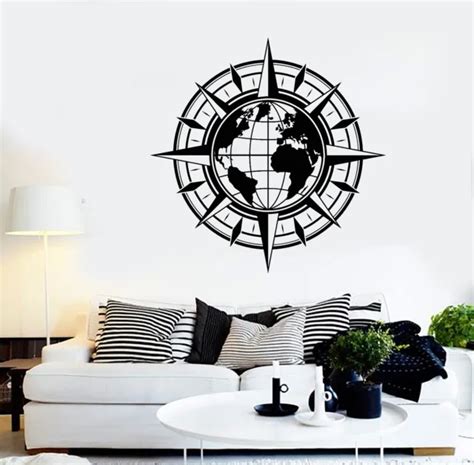 Vinyl Wall Decal Map Of World Compass Travel Globe Earth Stickers