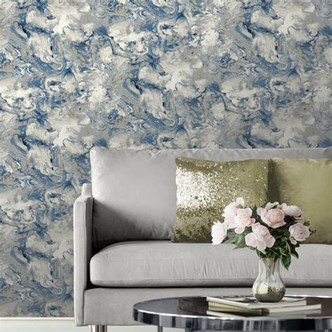 Muriva Elixir Liquid Marble Effect Wallpaper Swirls Blue Gold Metallic