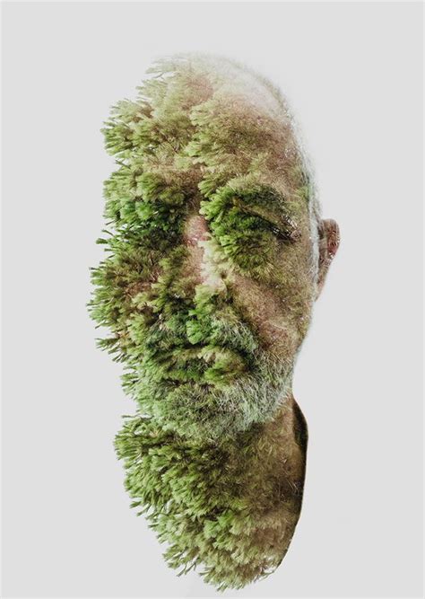 An Old Mans Face Is Covered With Green Plants And Grass As If It Were