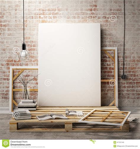 mock  posters frames  canvas  loft interior background stock illustration illustration