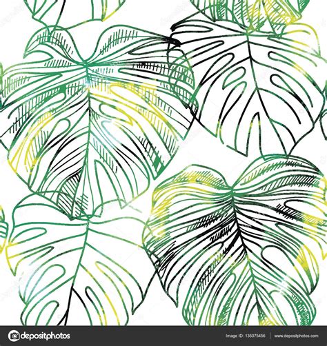 Seamless pattern with leaves of tropical plants . Vector freehand drawing . Background with palm ...